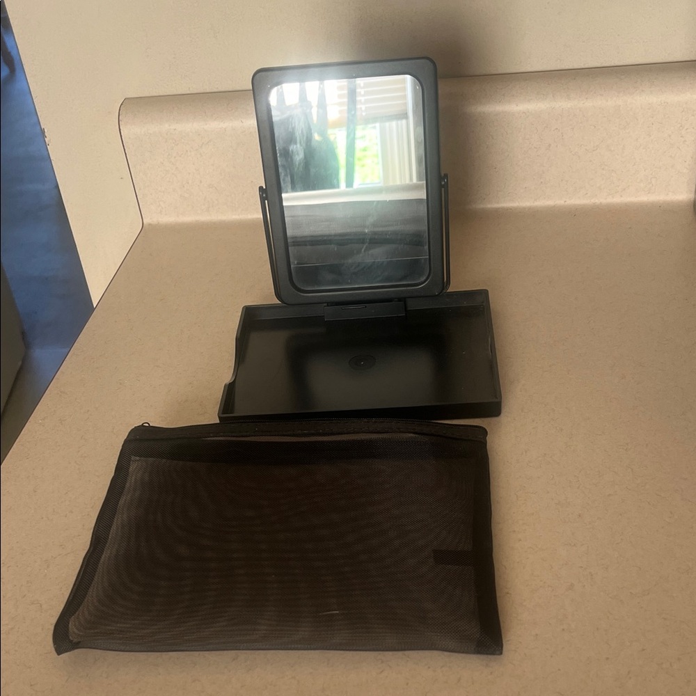Black Portable Makeup Mirror with Mesh Pouch
